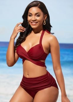 Wine Red Halter Mid Waist Bikini Set 6 Wine Red Halter Mid Waist Bikini Set -Modlily 288759 P 16381853229532