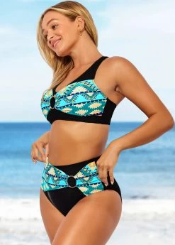 Tribal Print High Waisted Black Cross Strap Bikini Set -Modlily 288785 P 16389654012122