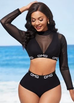 Letter Print Mesh Stitching Black High Waisted Bikini Set