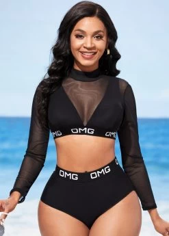 Letter Print Mesh Stitching Black High Waisted Bikini Set -Modlily 288873 P 16373160183673
