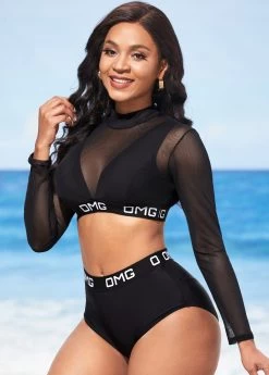 Letter Print Mesh Stitching Black High Waisted Bikini Set -Modlily 288873 P 16373160185142