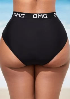 Letter Print Mesh Stitching Black High Waisted Bikini Set -Modlily 288873 P 16373160186595