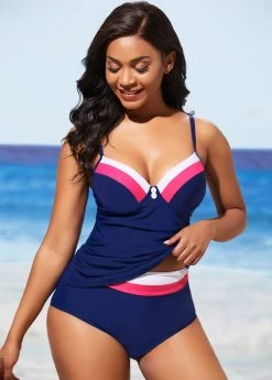Navy Blue Decorative Button Contrast Stitch Tankini Set 7 Navy Blue Decorative Button Contrast Stitch Tankini Set -Modlily 288876 P 16381853223153