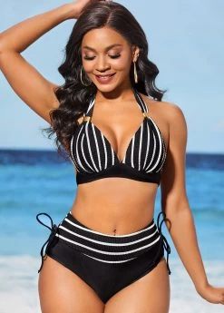 Stripe Print Black Tie Back Bikini Set 9 Stripe Print Black Tie Back Bikini Set -Modlily 288992 P 16372200640843