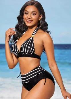 Stripe Print Black Tie Back Bikini Set 8 Stripe Print Black Tie Back Bikini Set -Modlily 288992 P 16372200646922