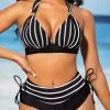 Stripe Print Black Tie Back Bikini Set