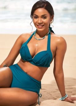 Halter Mid Waist Peacock Blue Bikini Set -Modlily 288996 P 16418016304717