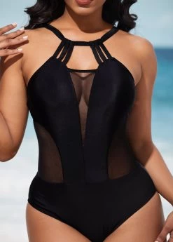 Mesh Stitching Tie Back Black One Piece Swimwear -Modlily 289008 P 16372184248520