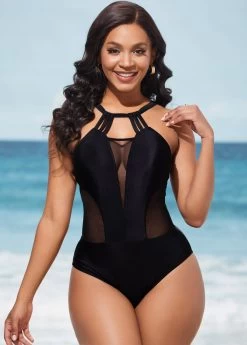 Mesh Stitching Tie Back Black One Piece Swimwear