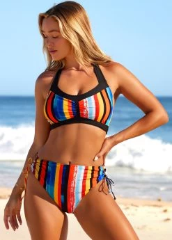 Halter Rainbow Stripe Mid Waist Bikini Set -Modlily 289045 P 16390124471593