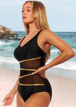Mesh Stitching Black Contrast One Piece Swimwear -Modlily 289075 P 16387911251912