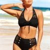 Black Lace Patchwork Decorative Button Bikini Set