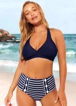 Striped Nautical Halter Navy Blue Bikini Set 17 Striped Nautical Halter Navy Blue Bikini Set -Modlily 289079 P 16478488021848