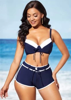 Navy Blue Mid Waist Drawstring Front Bikini Set -Modlily 289087 P 16376437151183