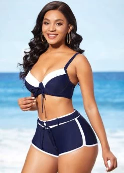 Navy Blue Mid Waist Drawstring Front Bikini Set -Modlily 289087 P 16376437155042