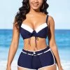 Navy Blue Mid Waist Drawstring Front Bikini Set