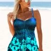 Floral Print Wide Strap Cyan Swimdress And Panty