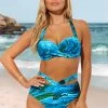 Marble Print Cyan High Waist Halter Bikini Set