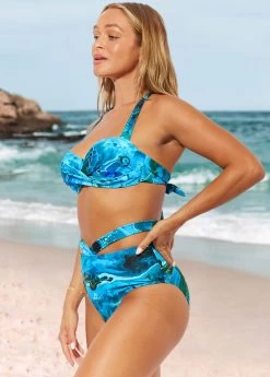 Marble Print Cyan High Waist Halter Bikini Set -Modlily 289173 P 16390286058522
