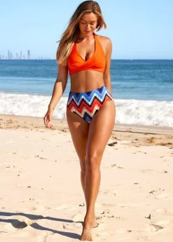 Chevron Print Halter High Waisted Orange Bikini Set -Modlily 289178 P 16389465300044