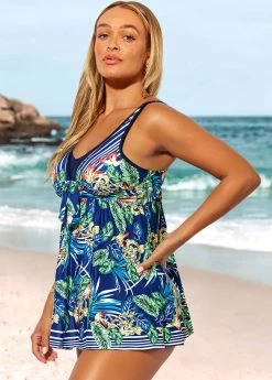 Tropical Print Wide Strap Blue Swimdress Set 8 Tropical Print Wide Strap Blue Swimdress Set -Modlily 289184 P 16389288911422