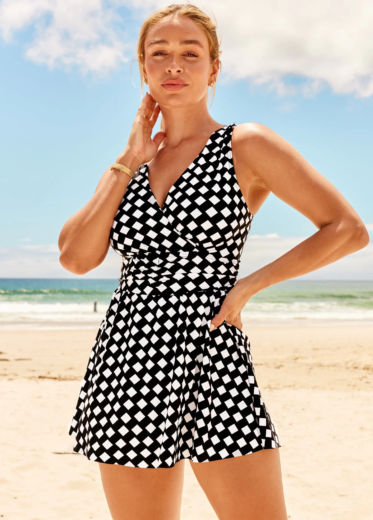 Color Block Checkered Print Cutout Swimdress Set 1 Color Block Checkered Print Cutout Swimdress Set