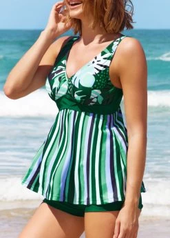 Dark Green Striped Wide Strap Tankini Set -Modlily 289321 P 16435258594446