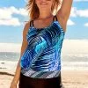 Blue Leaf Print Double Straps Tankini Set