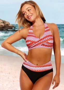 Tribal Print Halter High Waisted Orange Bikini Set -Modlily 289538 P 16481758871353
