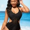 Lace Stitching Black Tie Back One Piece Swimwear