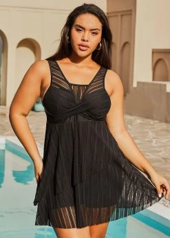 Plus Size Mesh Stitching Black Layered Swimdress Set