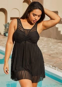 Plus Size Mesh Stitching Black Layered Swimdress Set 14 Plus Size Mesh Stitching Black Layered Swimdress Set -Modlily 289870 P 16366829210882