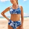 Lace Up High Waisted Tropical Print Bikini Set
