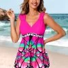 Asymmetric Hem Hot Pink Butterfly Print Swimdress And Shorts