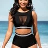 High Waisted Black Mesh Stitching Bikini Set