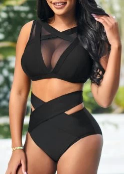 Mesh Stitching High Waisted Black Bikini Set