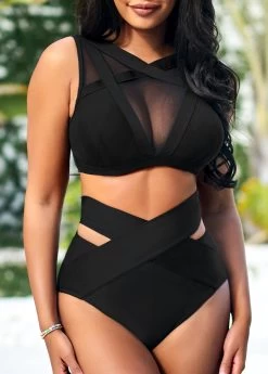 Mesh Stitching High Waisted Black Bikini Set 8 Mesh Stitching High Waisted Black Bikini Set -Modlily 290249 P 16473372049093