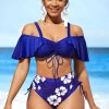 Flounce Floral Print Royal Blue Mid Waist Bikini Set
