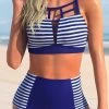Stripe Print Navy Blue Cross Strap Bikini Set