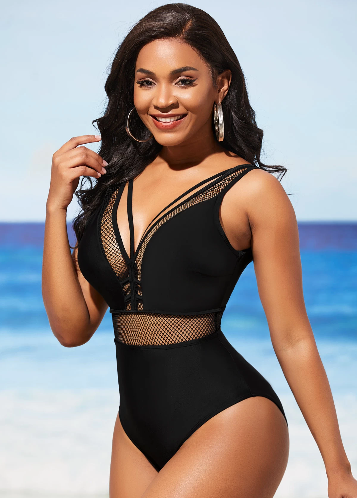 Black Sheer Fishnet Panel One Piece Swimwear 3 Black Sheer Fishnet Panel One Piece Swimwear - Image 3