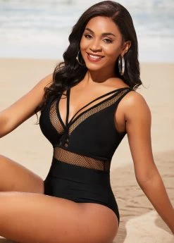 Black Sheer Fishnet Panel One Piece Swimwear 7 Black Sheer Fishnet Panel One Piece Swimwear -Modlily 290319 P 16384089739033