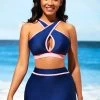 Navy Blue Contrast Stitch High Waist Bikini Set