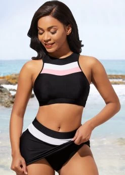 Contrast Mid Waist Black Bikini Set -Modlily 290325 P 16425025311903