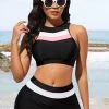 Contrast Mid Waist Black Bikini Set