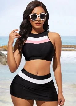 Contrast Mid Waist Black Bikini Set