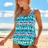 Tribal Print Wide Strap Cyan Tankini Set