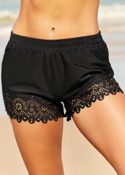 Laser Cut Out Mid Waist Black Swim Shorts