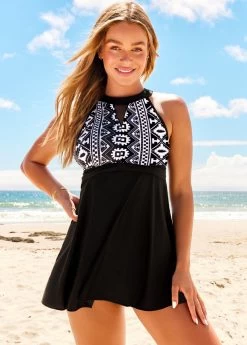 Tribal Print Black Cutout Swimdress Set