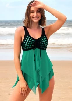 Tie Front Cyan Asymmetric Hem Swimdress And Panty -Modlily 290423 P 16551697732485