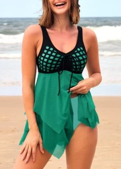 Tie Front Cyan Asymmetric Hem Swimdress And Panty -Modlily 290423 P 16551697735844